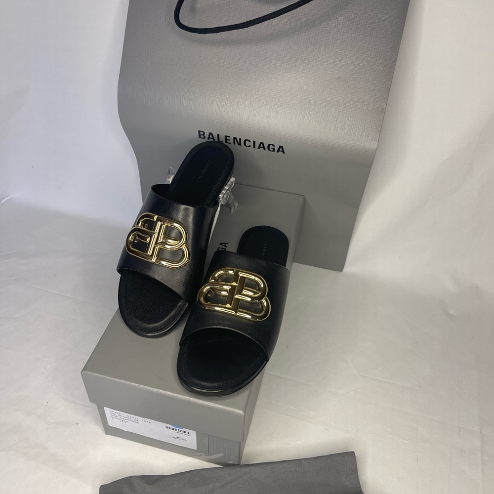 Balenciaga size US 6.5 (ER 36.5) Oval BB sandals black shiny sheepskin gold - Picture 8 of 17